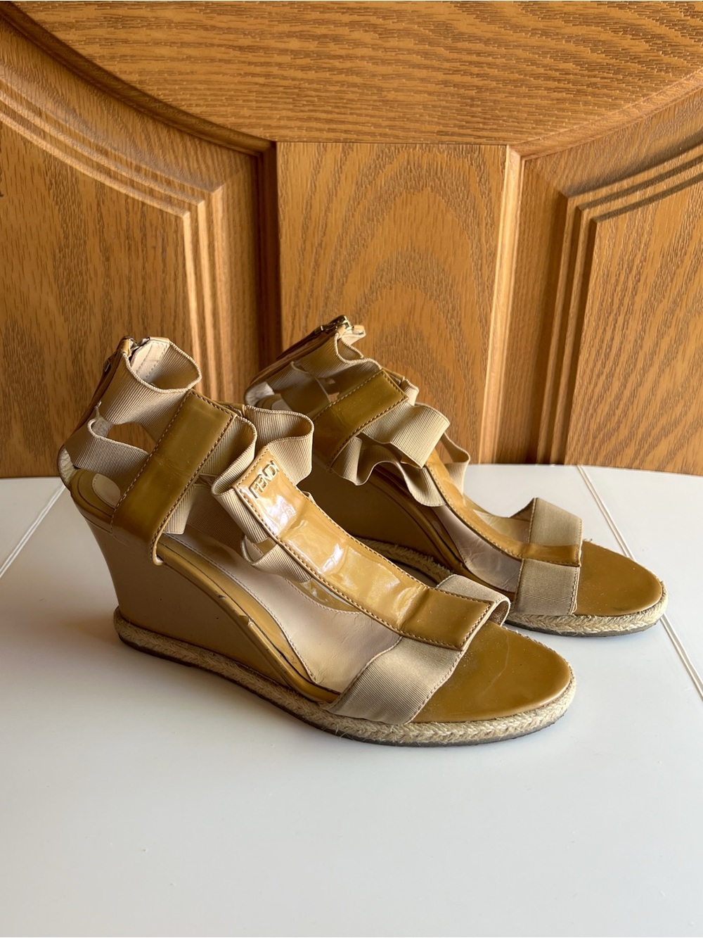 Fendi Patent Leather T-Strap Wedge Sandals Tan Beige EU 35.5